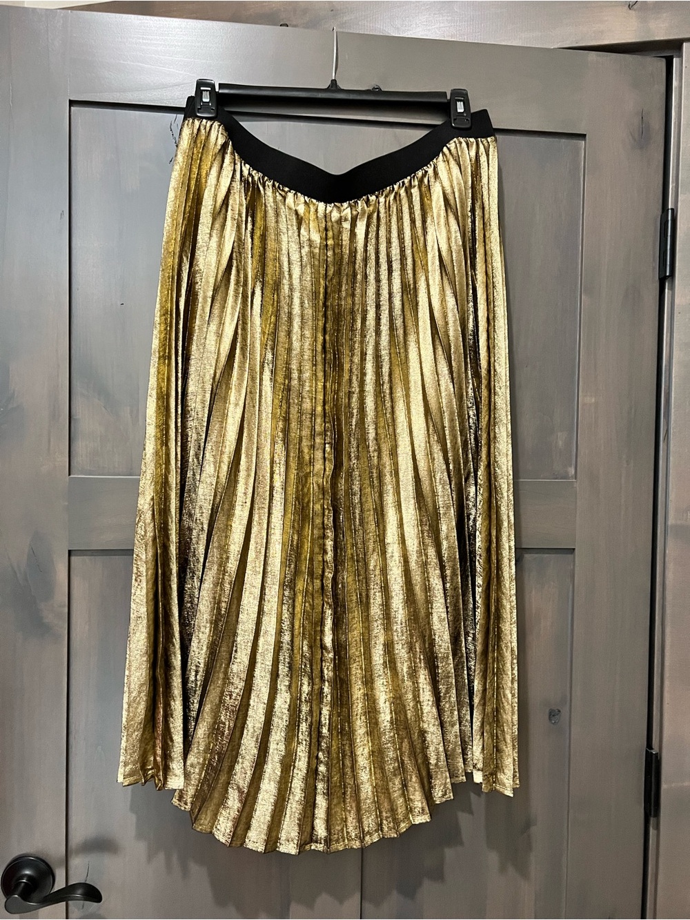Lane Bryant Gold Metallic Pleated Midi Skirt with Black Waistband (18/20)